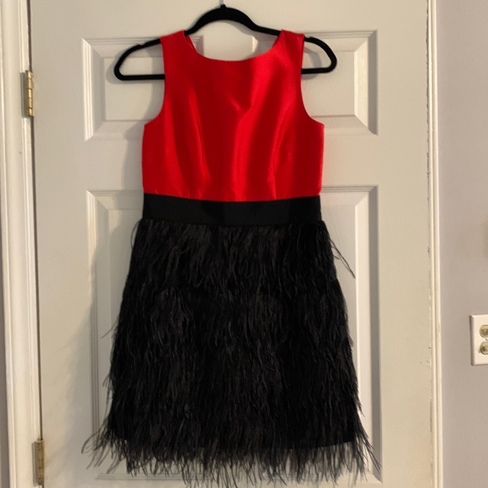 Red and black feathered cocktail dress